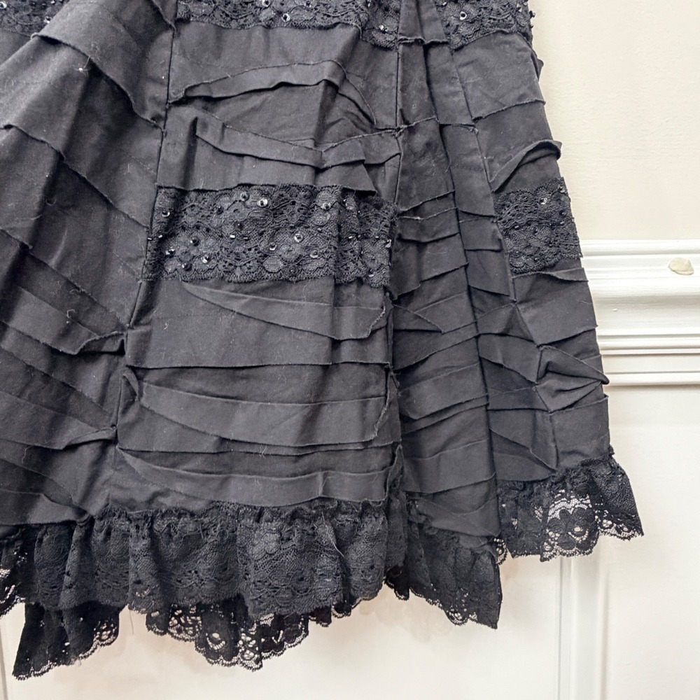 VTG CACHE Style Small Midi Dress Black LS Ribbed Knit Tiered Lace Sequin Goth - Picture 11 of 16